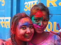 Girls celebrating Holi in Nepal