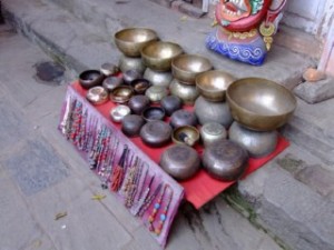 A collection of Tibetan singing bowls in Nepal
