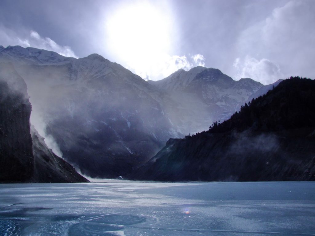 Ngawal Lake, frozen, on the Annapurna Circuit