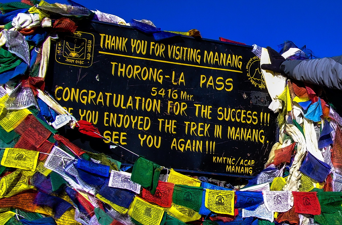 Throng La pass sign on the Annapurna Circuit Nepal