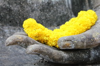 Buddha Hand with flowers at Wat Si Chum, Sukothai, Thailand