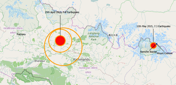 Map of the two earthquakes that struck Nepal