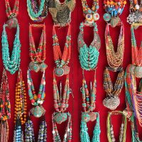 Beads and pendants hanging in a store in Kathmandu