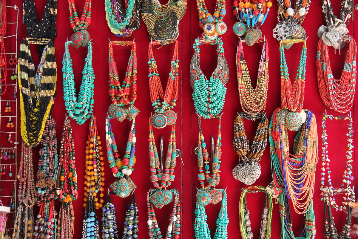Beads and pendants hanging in a store in Kathmandu
