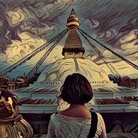 Painting of a girl in front of Boudha Stupa in Nepal