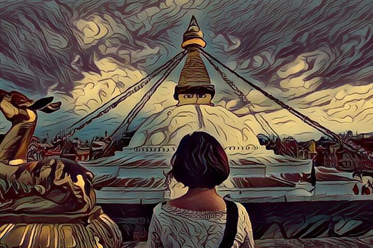 Painting of a girl in front of Boudha Stupa in Nepal