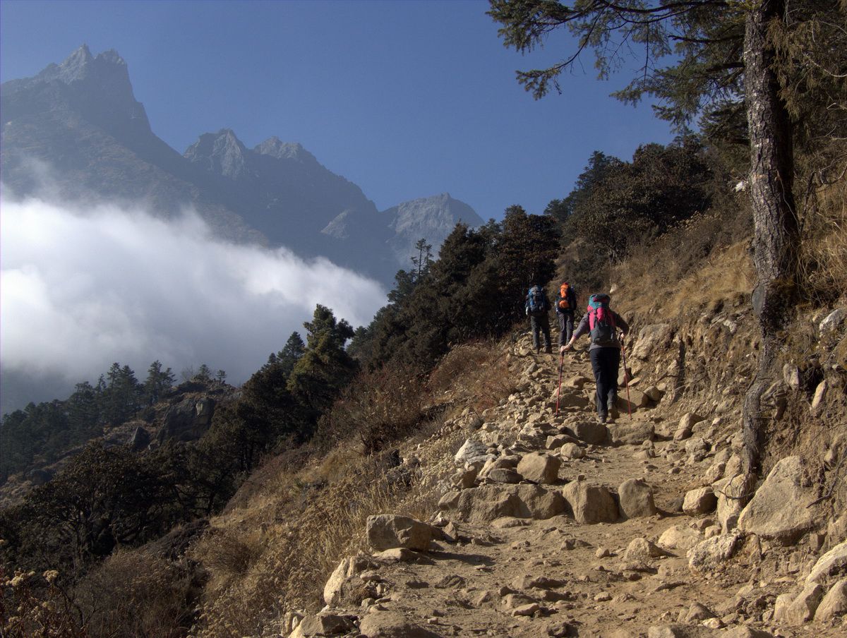 Trekkers on a trail in Nepal