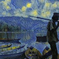 Watercolor of a boat man in Pokhara Nepal