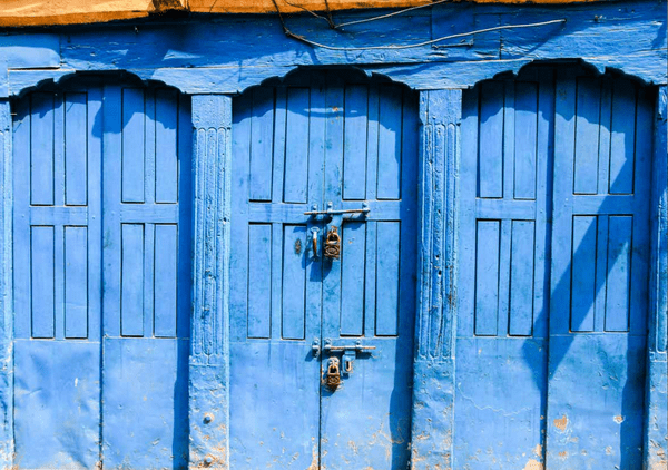 Closed blue doors in Kathmandu