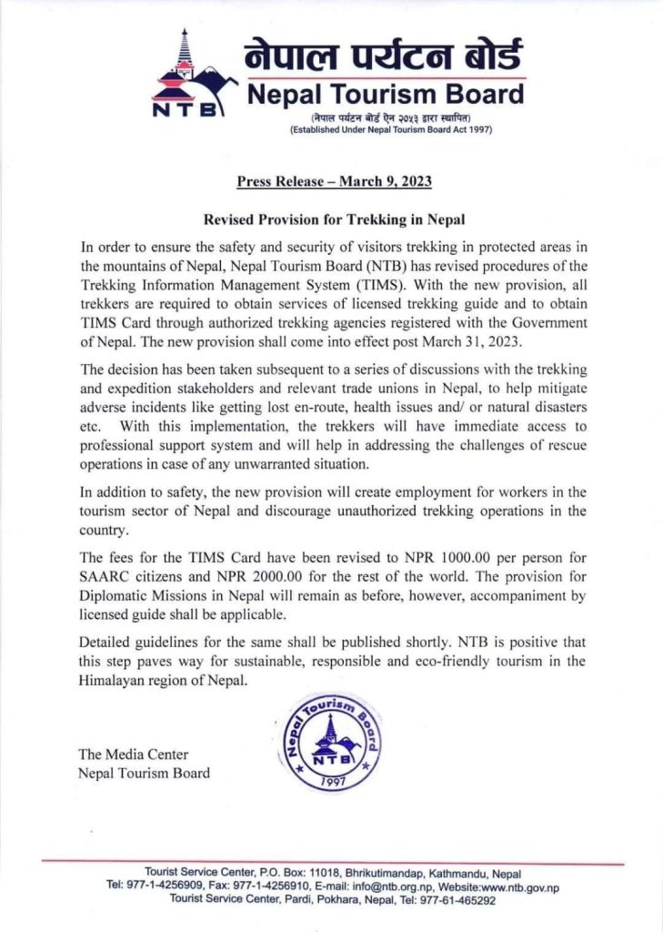 NTB statement on Mandatory Trekking guides