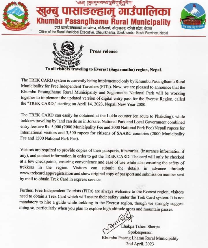 Letter from Solukhumbu stating guides are not mandatory in the Everest Region