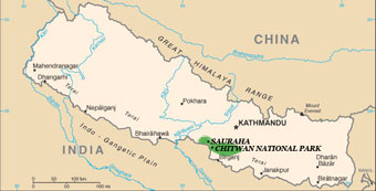 Map of Nepal showing where Chitwan National Park is located