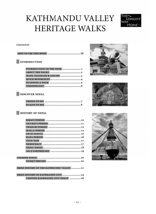 Table of contents from Kathmandu Valley Heritage Walks Print Edition