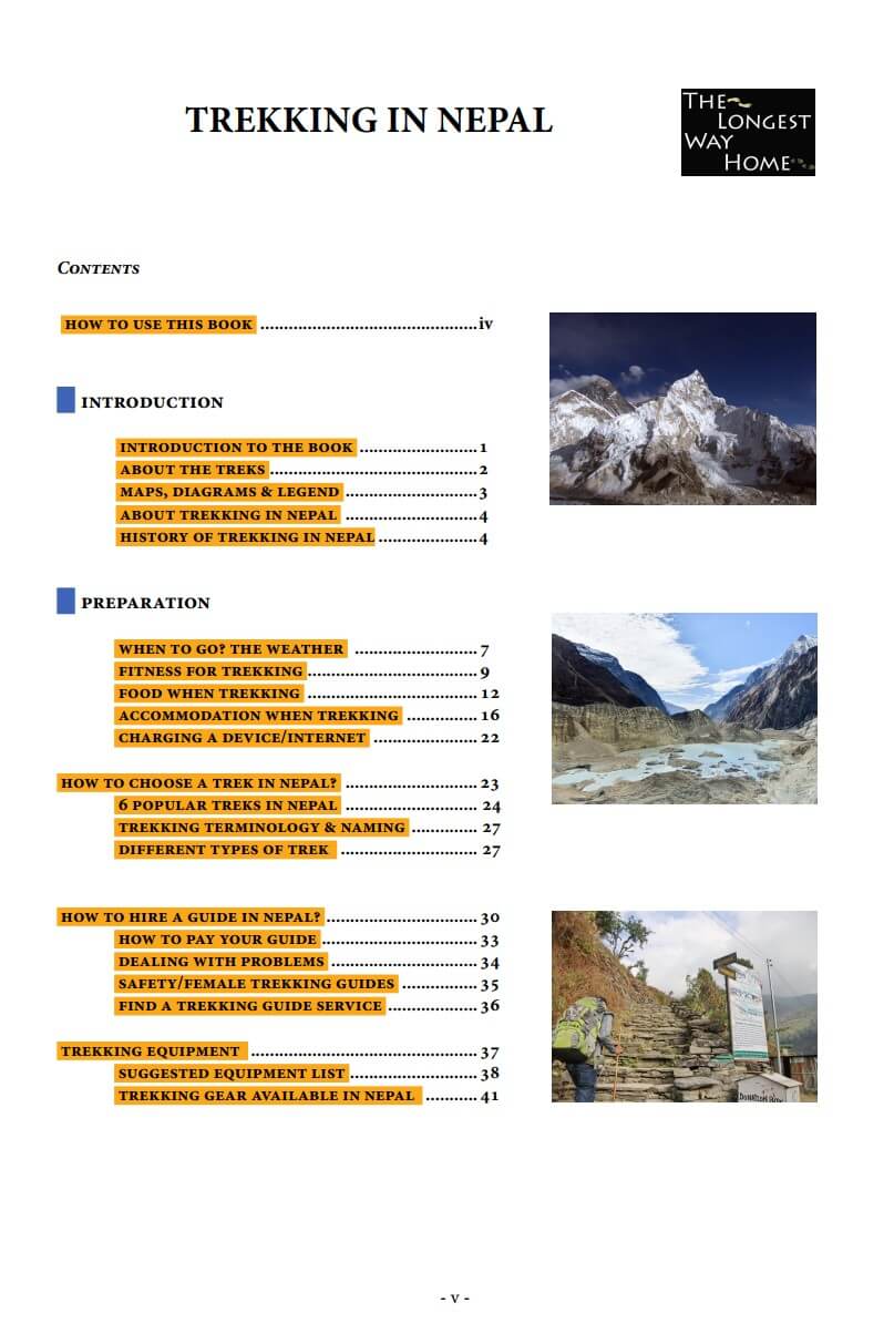 Table of contents page 1 from Trekking in Nepal Guidebook