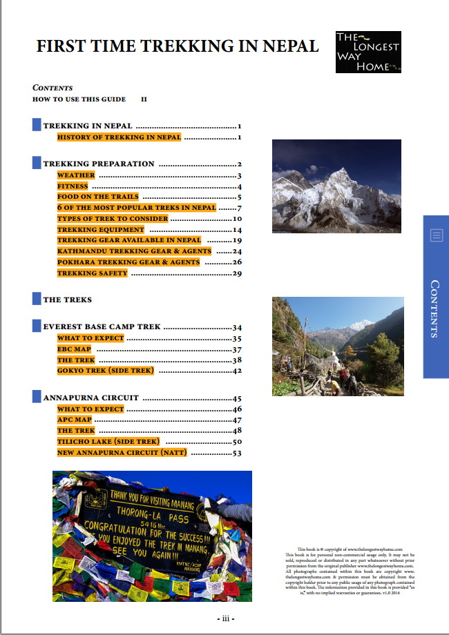 Table of contents from First Time Trekking in Nepal Guidebook