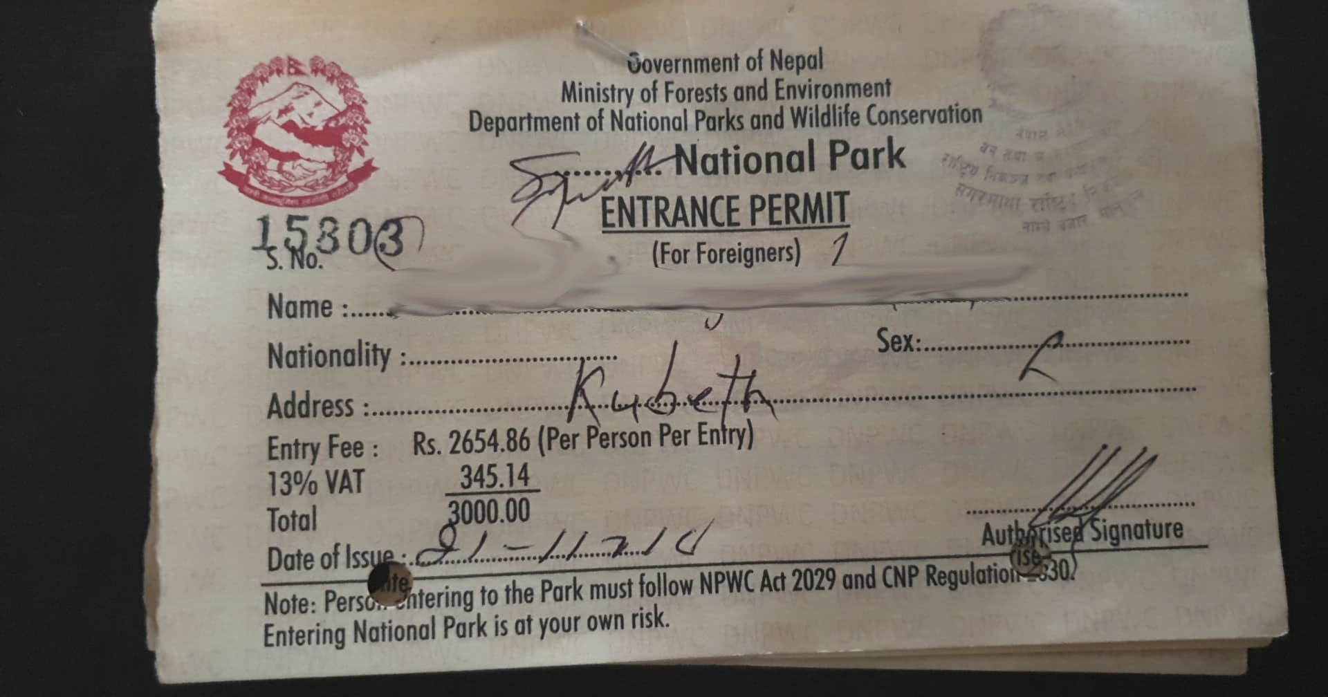 Sagarmatha National Park Permit
