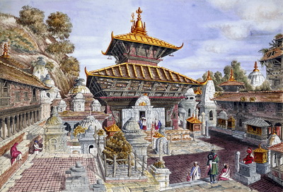 Pashupatinath temple painting by Henry Ambrose Oldfield 1853