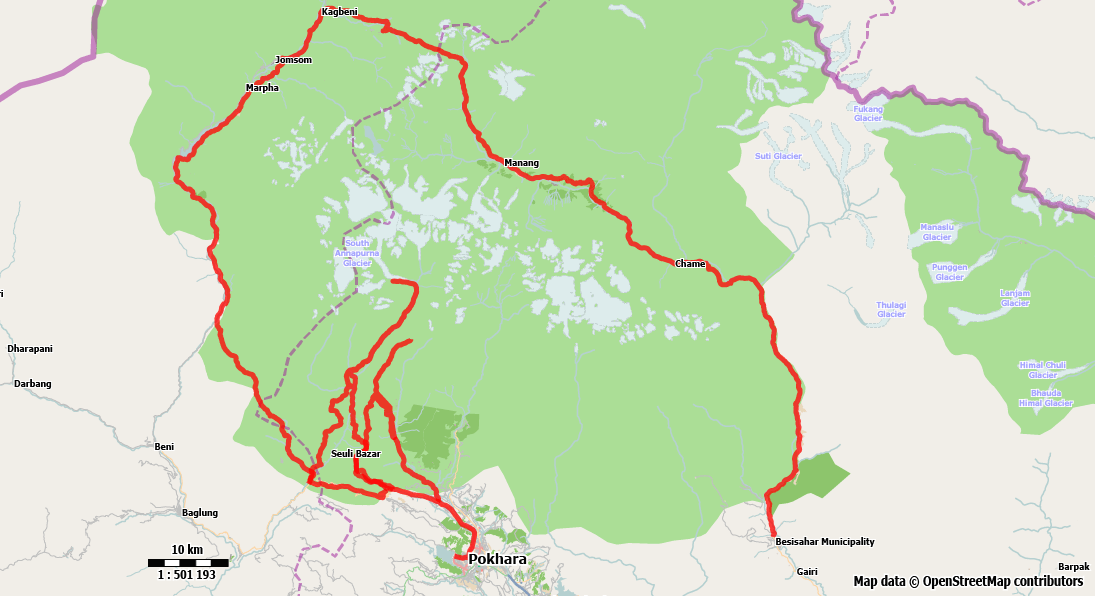 Map of the extended Annapurna Circuit Trek